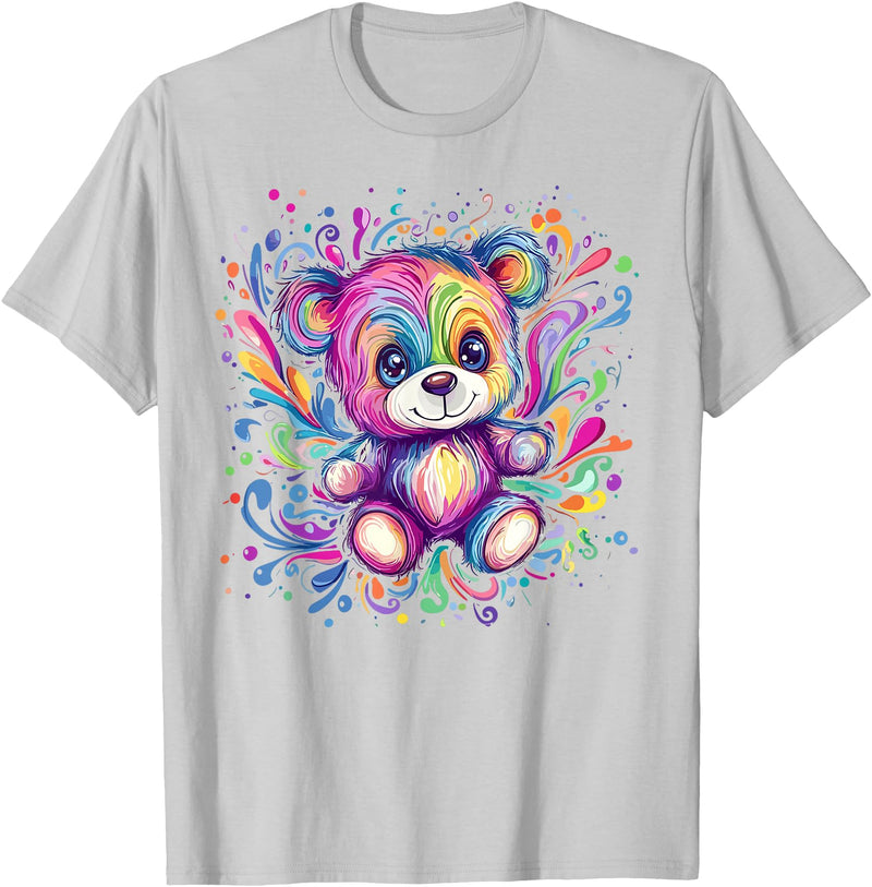 Vibrant Colorful Teddy Bear Illustration Rainbow Splash Teddy Bear T-Shirt - Silver Grey