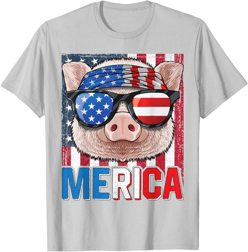 4th of July Animals Pig Merica 4th of July American Flag USA Farmer Swine Piggy T-Shirt - Silver Grey