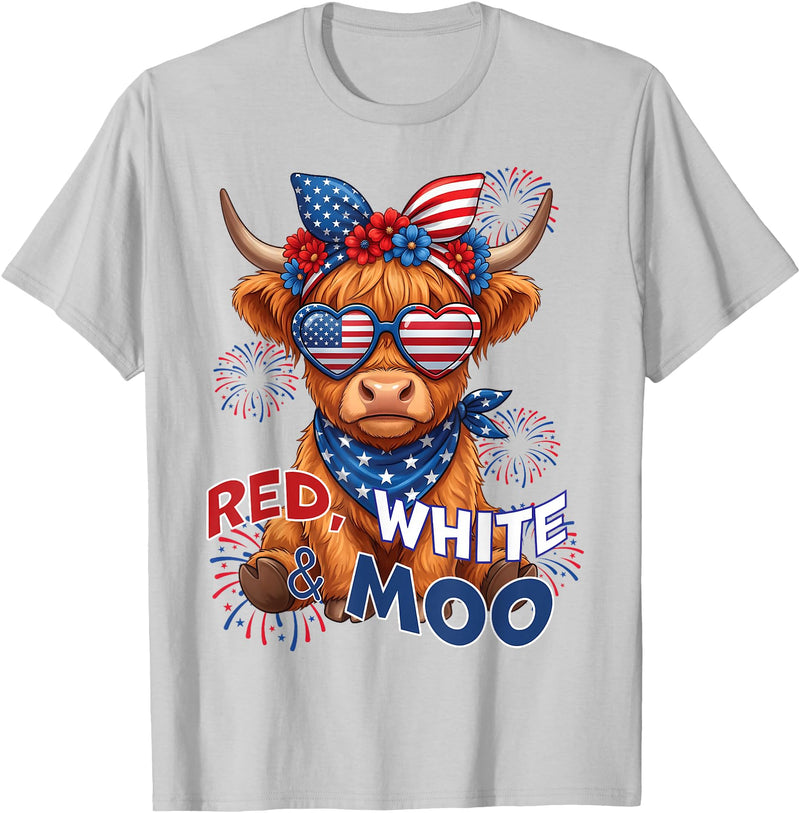 Red White Moo Patriotic Highland Cow 4th July Red White and Moo Highland Cow 4th July 250 Years Patriotic T-Shirt - Silver
