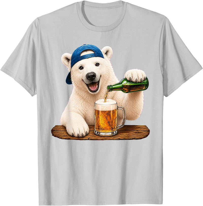 Funny Polar Bear Beer Happy Apparel Polar Bear Drinking Beer Funny Animal Meme Lovers Men Women T-Shirt - Silver Grey