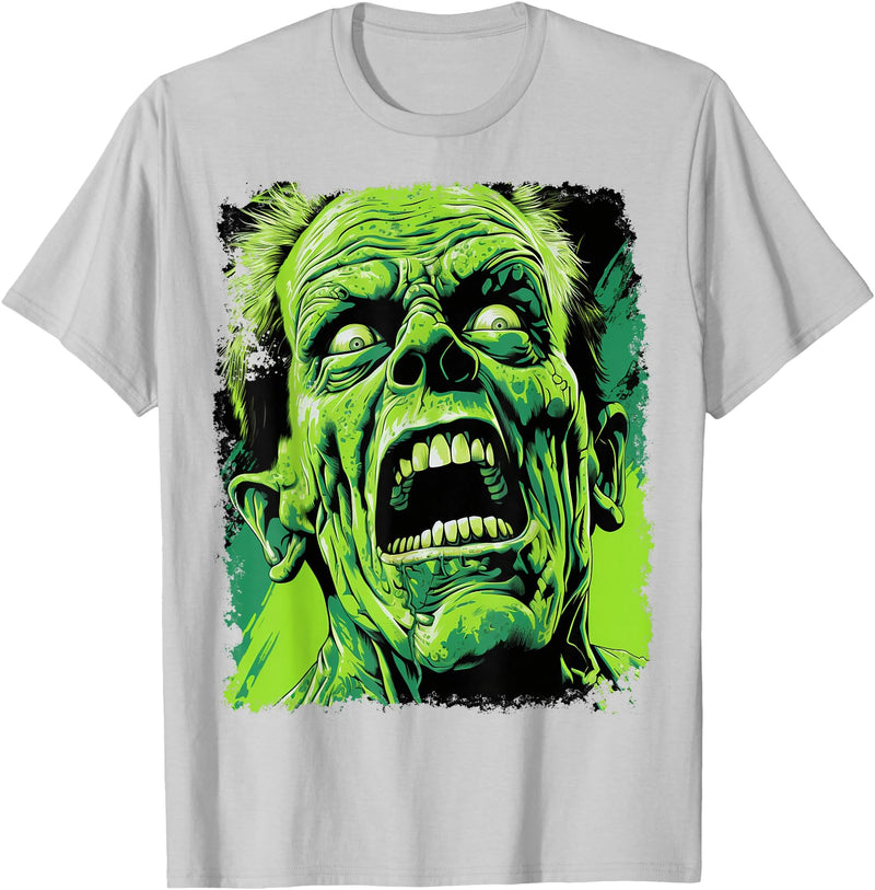 FrightNightFits Classic Horror Green Evil Crazy Scientist Freak Halloween T-Shirt - Silver Grey