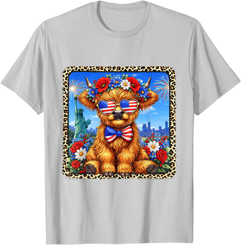 4th of July Apparel 4th of July Cow Patriotic Heart Glasses USA Floral Leopard T-Shirt - Silver Grey