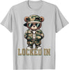 Boys & Mens Camouflage Teddy Bear Streetwear Gear Camo Hip Hop Teddy Bear Locked In Saying Hustle Money Grind T-Shirt - Silver Grey