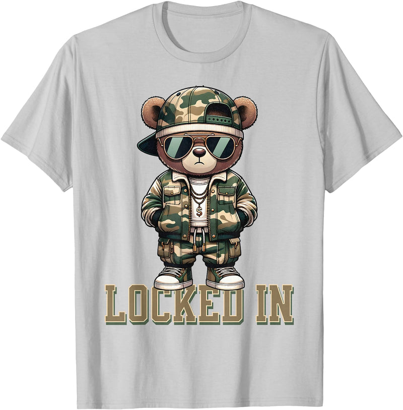 Boys & Mens Camouflage Teddy Bear Streetwear Gear Camo Hip Hop Teddy Bear Locked In Saying Hustle Money Grind T-Shirt - Silver Grey