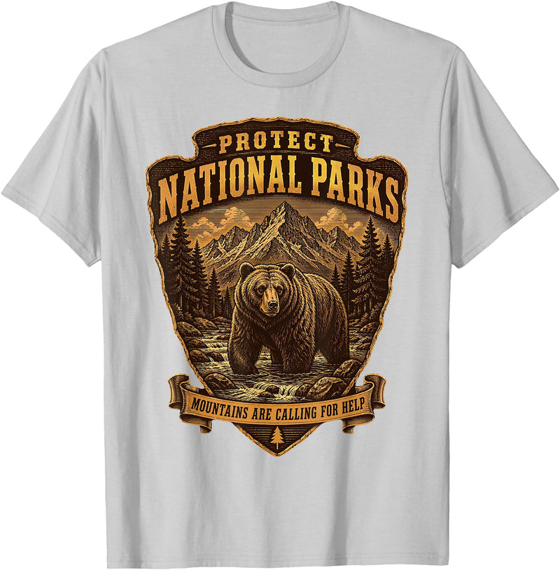 National Parks Conservation Co Protect National Parks Bear Vintage Arrowhead Badge Apparel T-Shirt - Silver Grey
