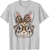 Bunny Face Glasses Bandana Leopard Rabbit Happy Easter T-Shirt in Silver Grey