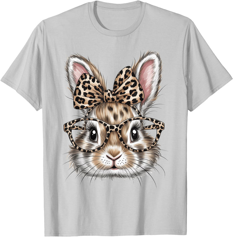 Bunny Face Glasses Bandana Leopard Rabbit Happy Easter T-Shirt in Silver Grey