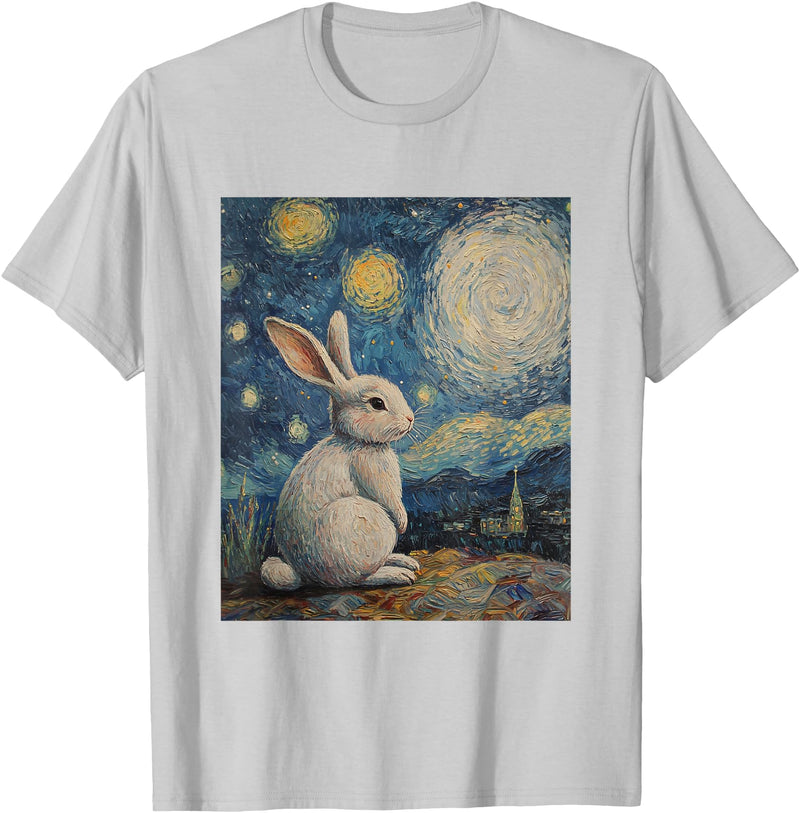 Bunny Rabbit Van Gogh Style Starry Night Cute Graphic T-Shirt (Black) in Silver Grey