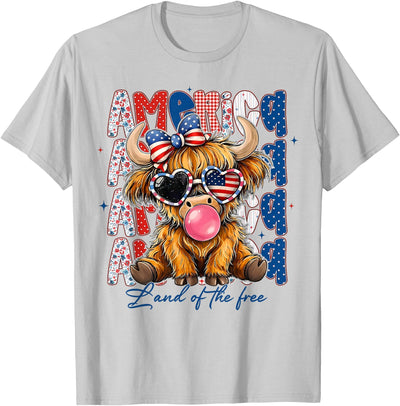 Patriotic Highland Cow Land of the Free Women Girl 4th July T-Shirt
