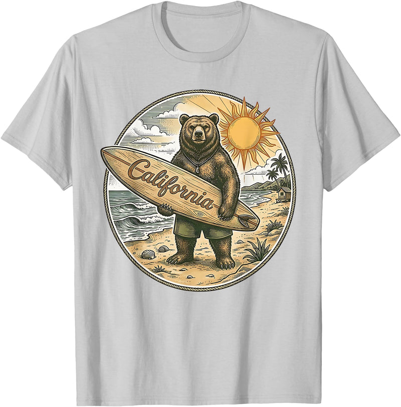 Retro Coastal Surf Bear Vintage Beach Apparel Vintage California Surf Bear Beach Retro Coastal Summer T-Shirt - Silver Grey