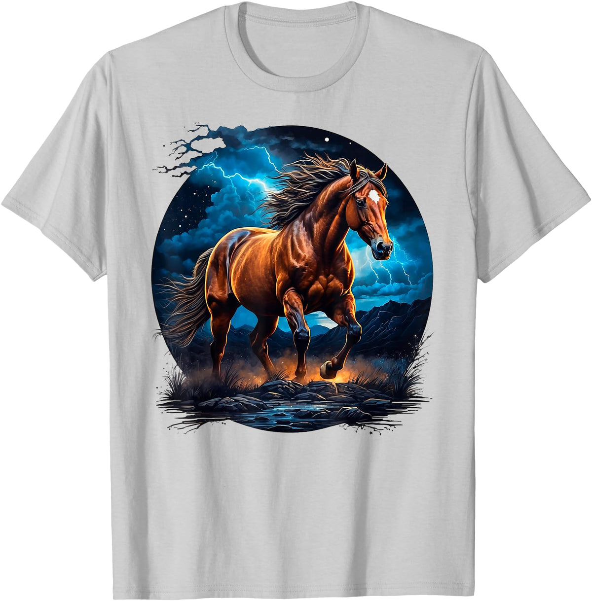 Lovely Horse With Lightning Shirts JG Lovely Horse With Lightning Sky - Horse T-Shirt - Silver Grey