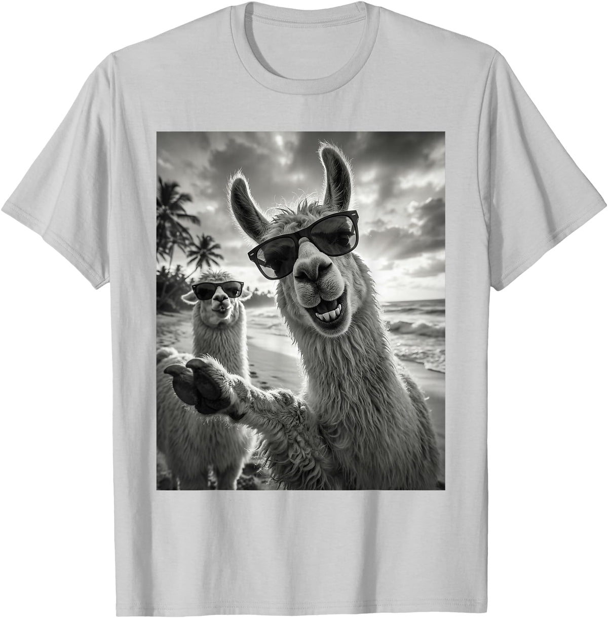 Funny Llama Stuff Accessories & Gifts Cool Llama Selfie At The Beach, Cute Llamas Alpaca T-Shirt - Silver Grey