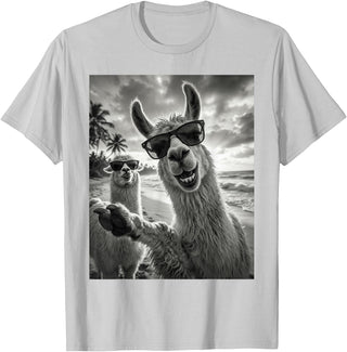 Funny Llama Stuff Accessories & Gifts Cool Llama Selfie At The Beach, Cute Llamas Alpaca T-Shirt - Silver Grey