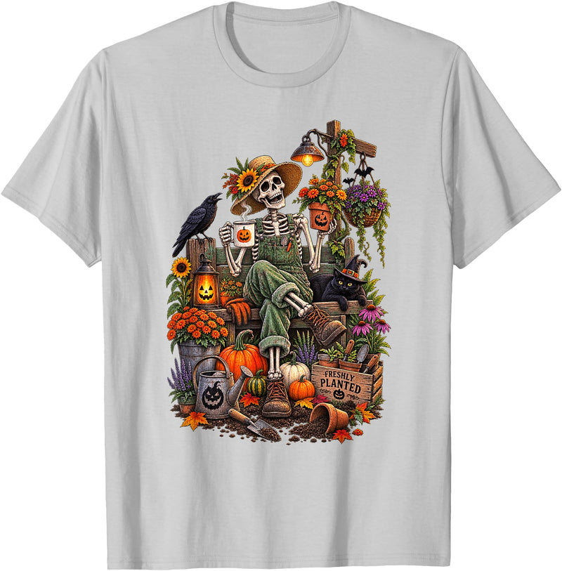 Halloween Gardening Lover Apparel & Gifts Outlet Freshly Planted Skeleton Gardener Halloween T-Shirt - Silver Grey