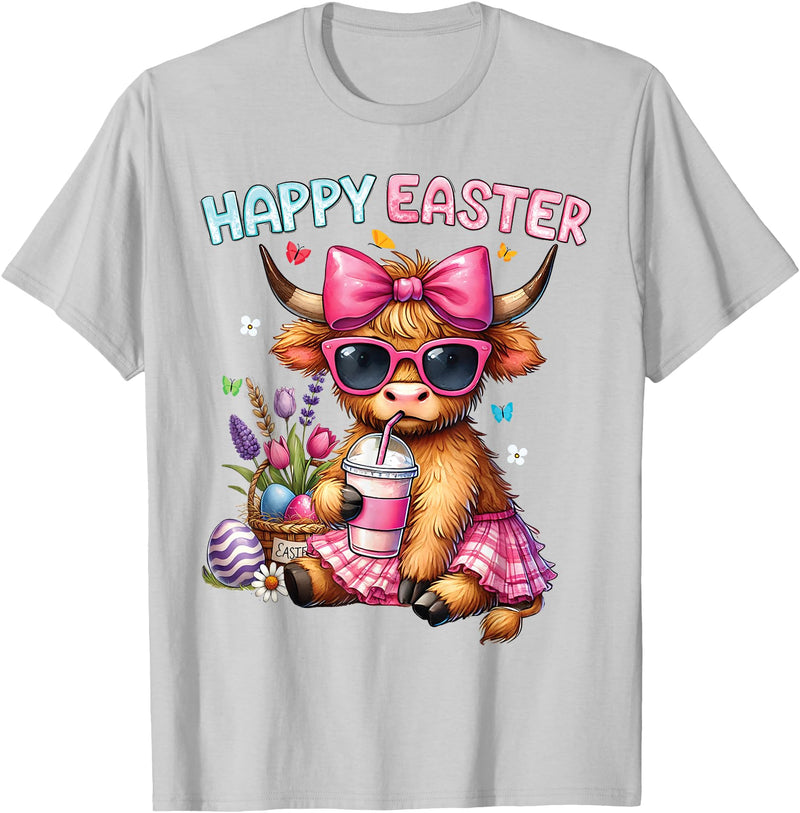 Farm Animal Highland Cow easter Gifts Happy Easter Day Highland Cow Cute Holiday Bunny Women Kids T-Shirt - Silver Grey