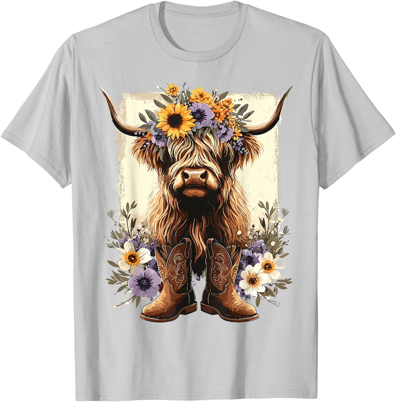 Funny Highland Cow lover Floral Highland Cow Cowboy Boots Western Country T-Shirt - Silver Grey