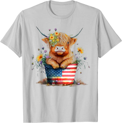 Girls Highland Cow 4th of July America Flag Patriotic Cow T-Shirt