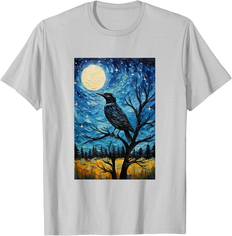 Bird Designs. Magpie Crow Raven Bird Van Gogh Style Starry Night Graphic T-Shirt - Silver Grey