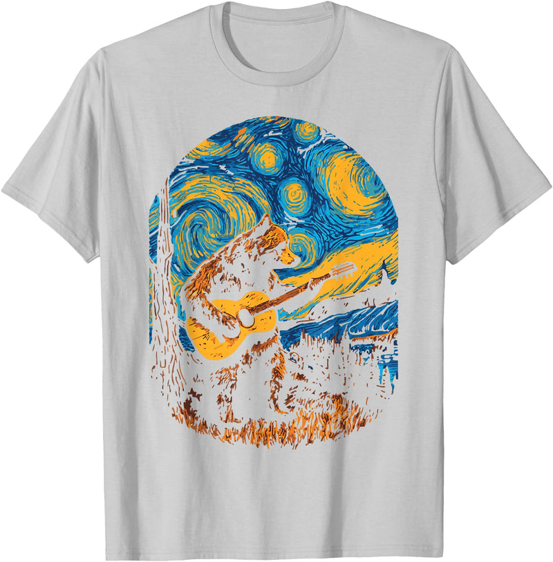 Bear playing Guitar Night-Sky Moon Guitar Grizzly Bear Blues Guitarist Starry Night Musician Music T-Shirt - Silver Grey