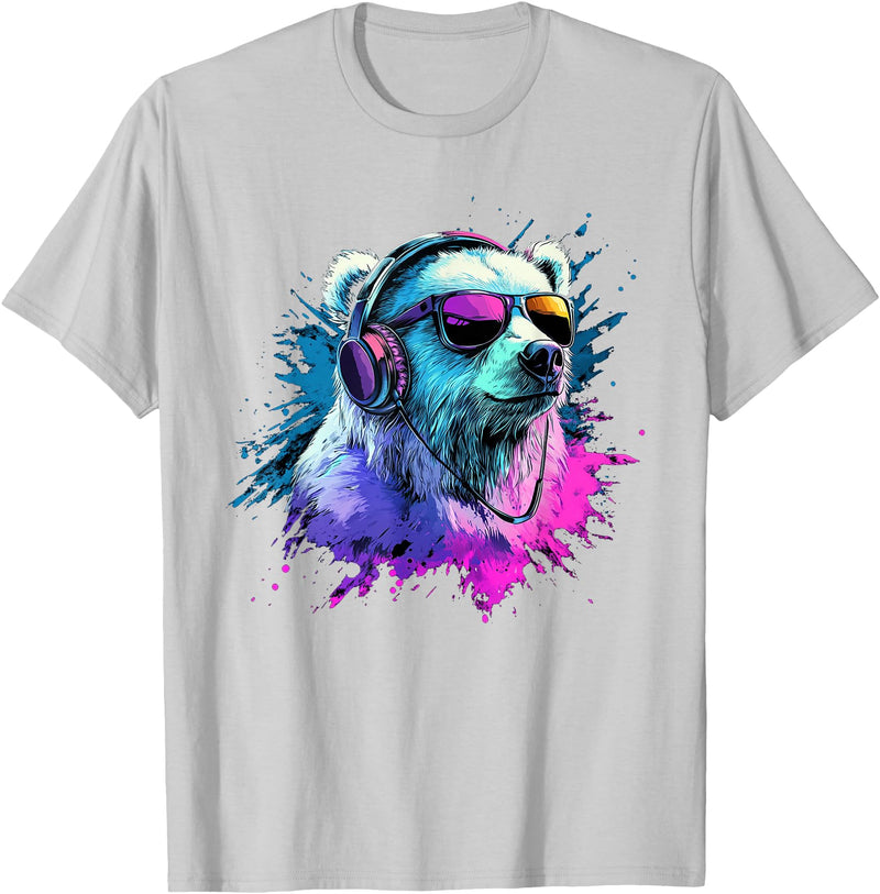 Colorful Artistic Polar Bear Animal Motifs Polar Bear Colorful Music Headphones Artistic Polar Bears T-Shirt - Silver Grey