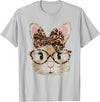 Cute Bunny Rabbit Face Leopard Coquette Bow Glasses Easter T-Shirt in Silver Grey