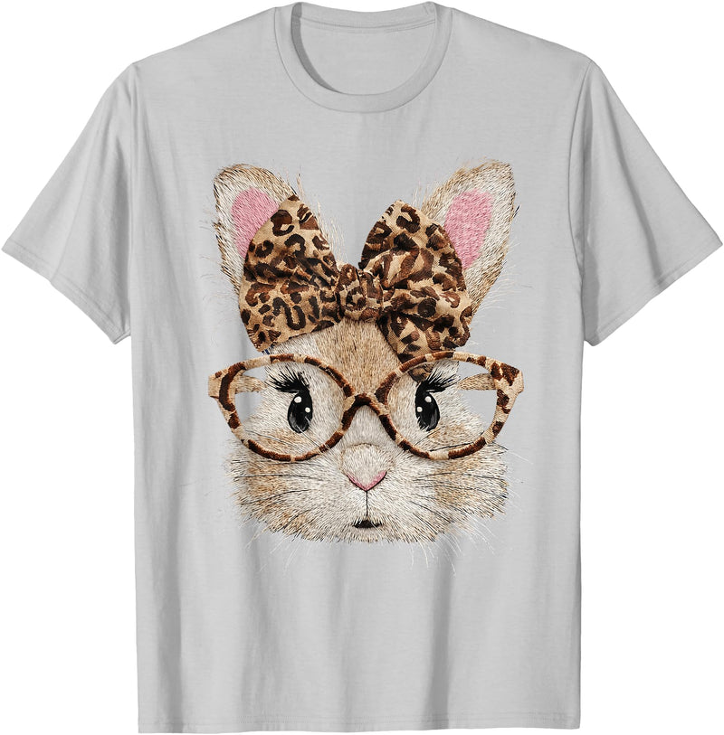 Cute Bunny Rabbit Face Leopard Coquette Bow Glasses Easter T-Shirt in Silver Grey