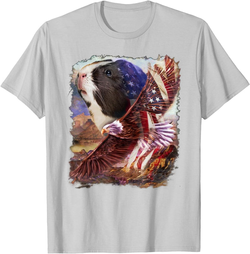Guinea Pig American Flag 4th July Independence Eagle Women Kids Men T-Shirt - Silver Grey