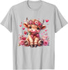 Happy Valentine Highland Cow Costume Love Clothing Valentine Highland Cow Print Cute Love Heart Flowers T-Shirt - Silver Grey