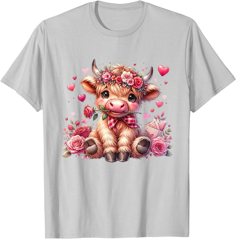 Happy Valentine Highland Cow Costume Love Clothing Valentine Highland Cow Print Cute Love Heart Flowers T-Shirt - Silver Grey