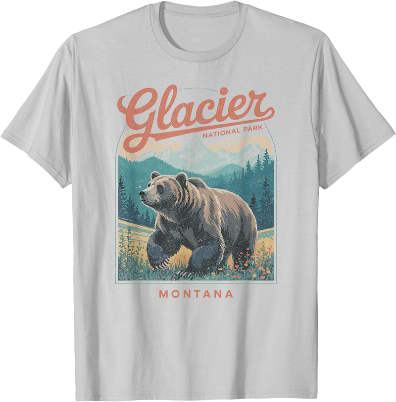 Glacier National Park Montana USA Outdoor Vintage Glacier National Park Retro T-Shirt - Silver Grey