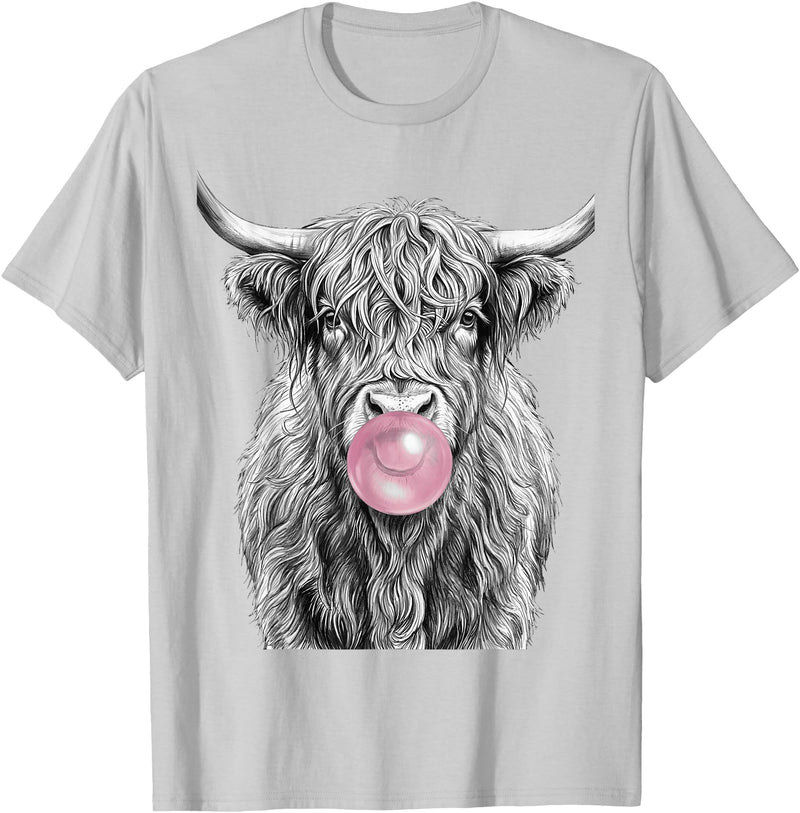 Bovine Bubbles Apparel Shaggy Highland Cow Blowing Bubble Gum Sketch T-Shirt - Silver Grey