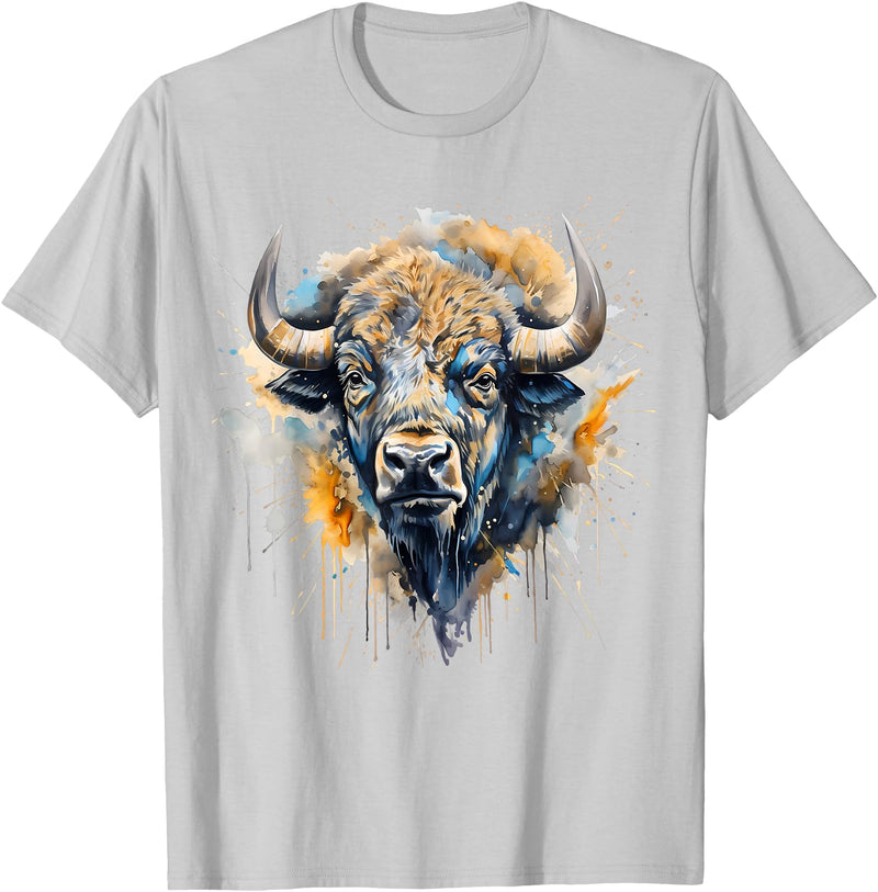 Safari Animal Art Buffalo Portrait Colorful Splash Artwork Wildlife Bison T-Shirt - Silver Grey