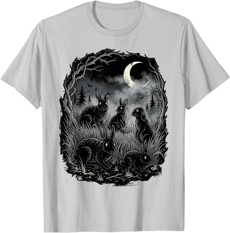 Midnight Woodland Rabbit Art Apparel Graphic Tees Creepy Black Rabbits Moonlit Forest Gothic Horror Halloween T-Shirt -