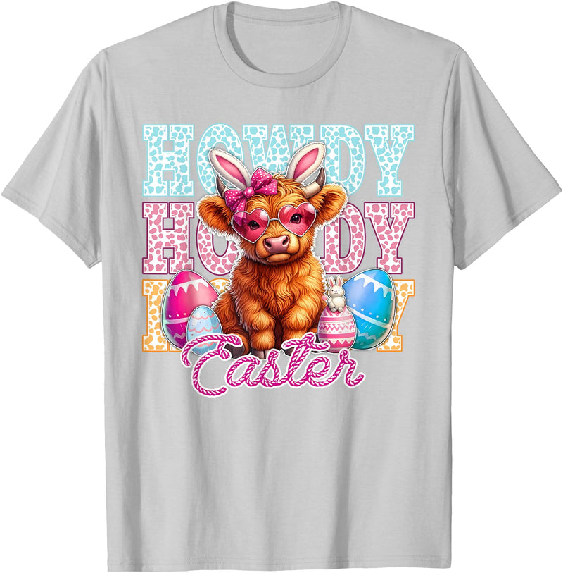 Highland Cow Easter Cute Western Farm Apparel Howdy Easter Cute Highland Cow Bunny Ears Western Easter T-Shirt - Silver Grey