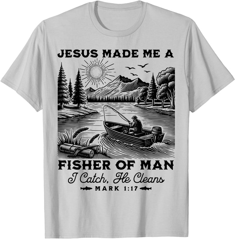 Fisher of Man Mark 1:17 Christian Scripture Jesus Fishing T-Shirt - Silver Grey
