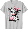 Cow Farmer Coquette Bow Tees Cute Baby Cow with Pink Coquette Bow Holding Heart T-Shirt - Silver Grey