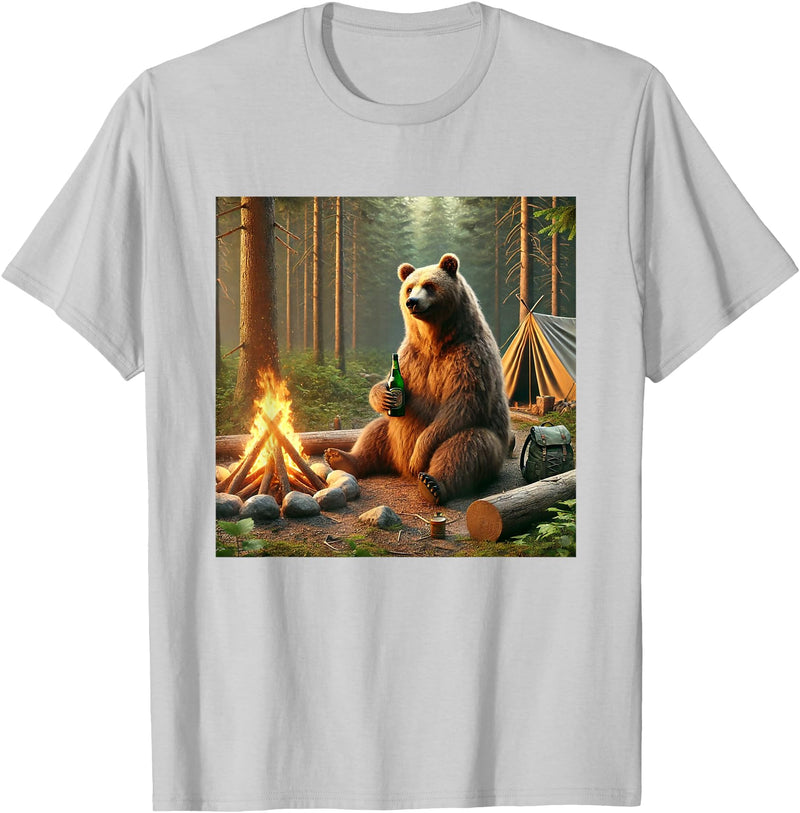 Wildfire Adventure Awaits Co. Bear Camping by the Campfire. Nature Adventure Funny Garment T-Shirt - Silver Grey