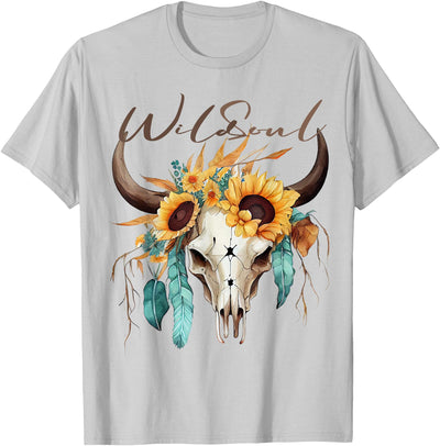 Wild Soul Boho Cow Skull Sunflowers Mothers Day Sunflower T-Shirt
