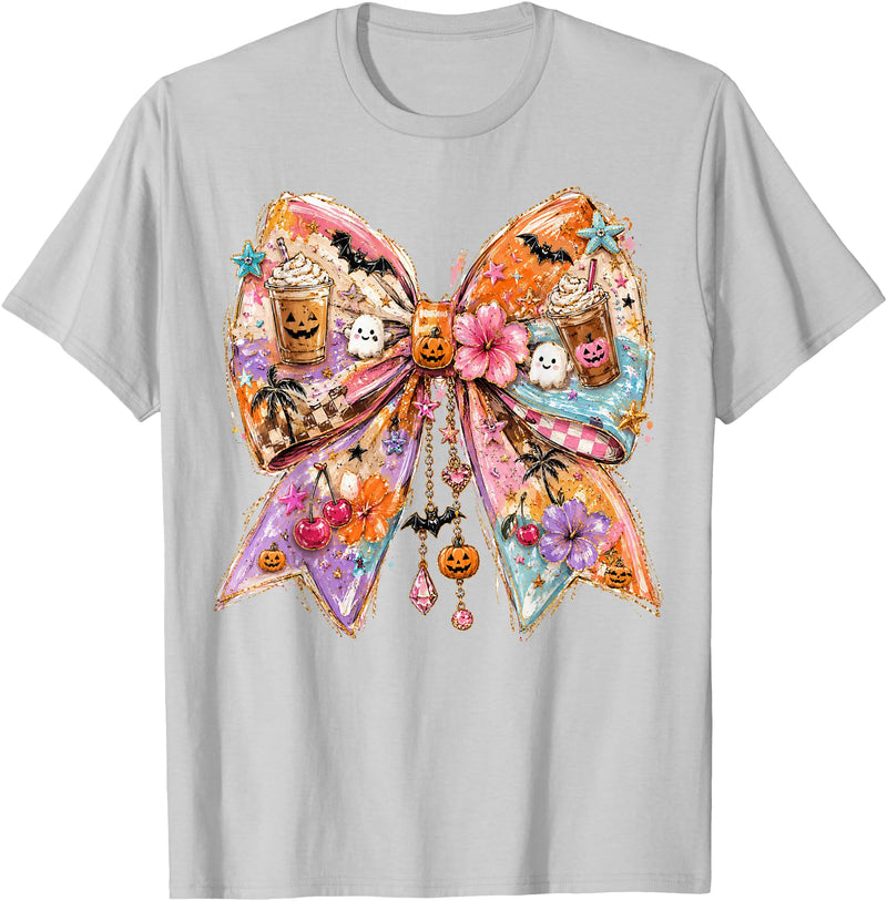 Summerween Tees NYC Summerween Bow Coquette Summer Halloween Ghosts Beach Coffee T-Shirt - Silver Grey