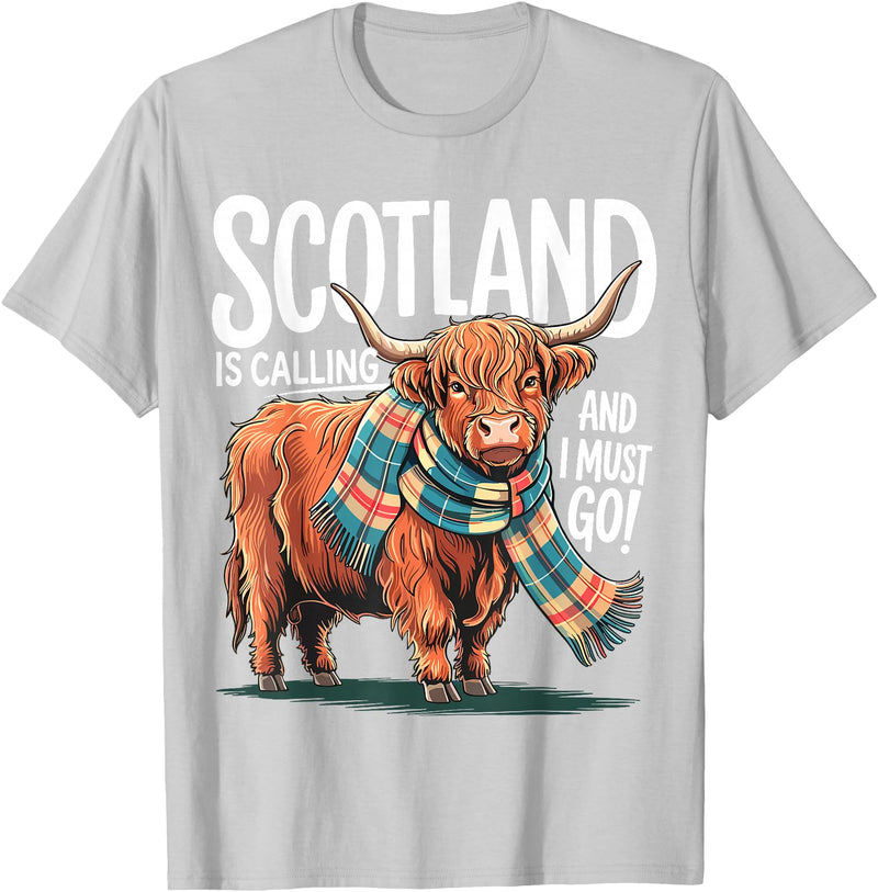 Funny Scottish Highland Cow Scotland is Calling and I Must go Scottish Highland Cow T-Shirt - Silver Grey