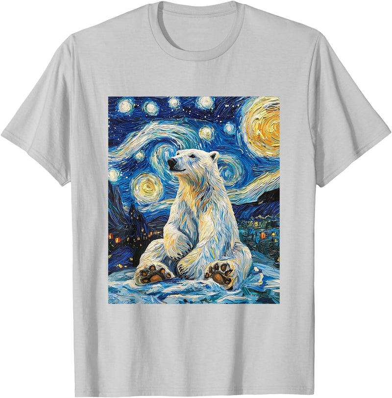 Bear Designs. Cute Polar Bear Van Gogh Style Starry Night Funny Graphic T-Shirt - Silver Grey