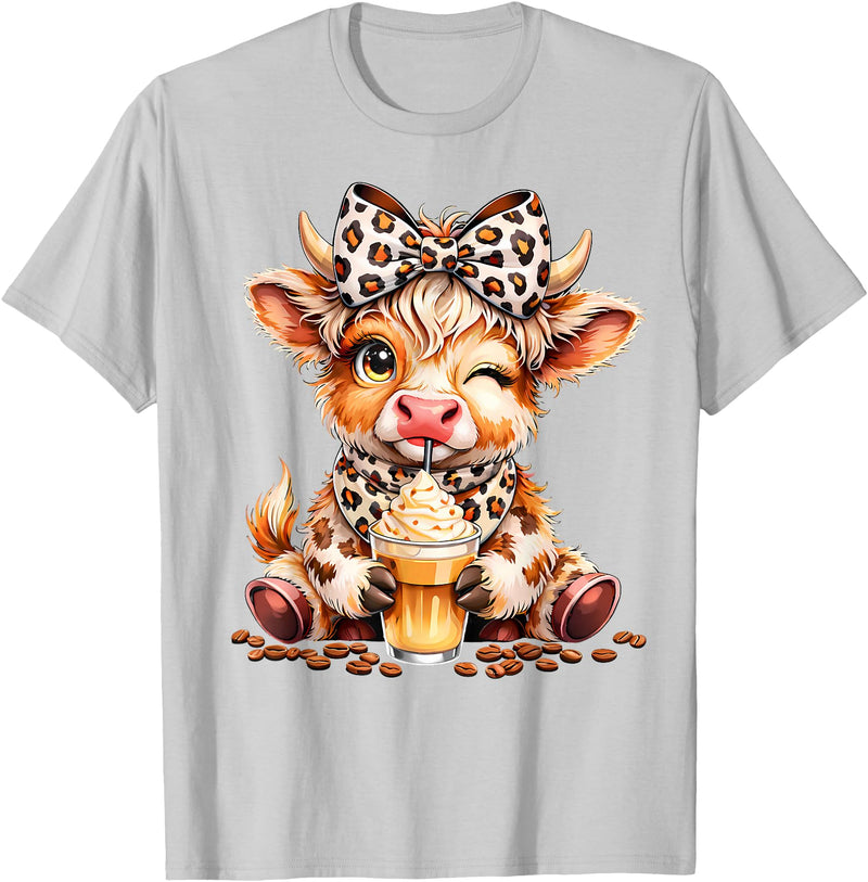 Cute Highland Cow Coffee Addict Leopard Bow Highland Cow Coffee Addict Funny Drink Coffee T-Shirt - Silver Grey
