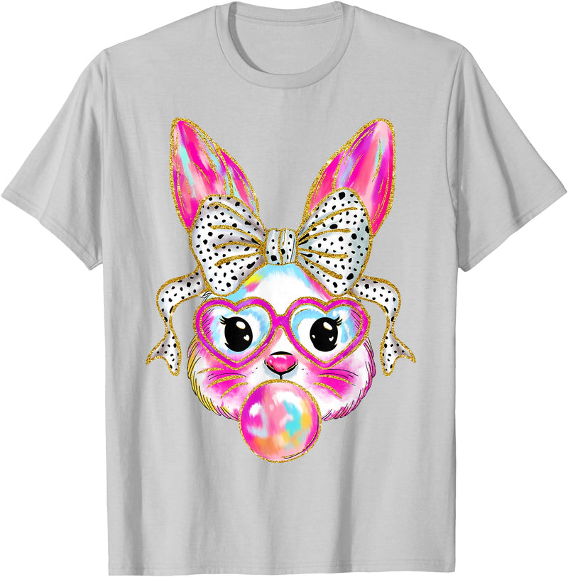Cute Easter Bunny Bubble Gum Coquette Bow for Girls Women T-Shirt in Silver Grey