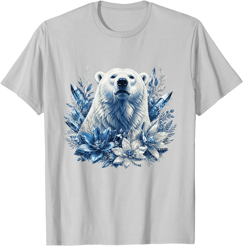 Arctic Polar Bear Winter Floral Nature Ice Blue Snow Polar Bear with Winter Flowers T-Shirt - Silver Grey