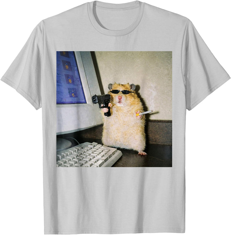 Funny Hamster Meme Cyber Hamster Meme Smoking Humor Computer T-Shirt - Silver Grey