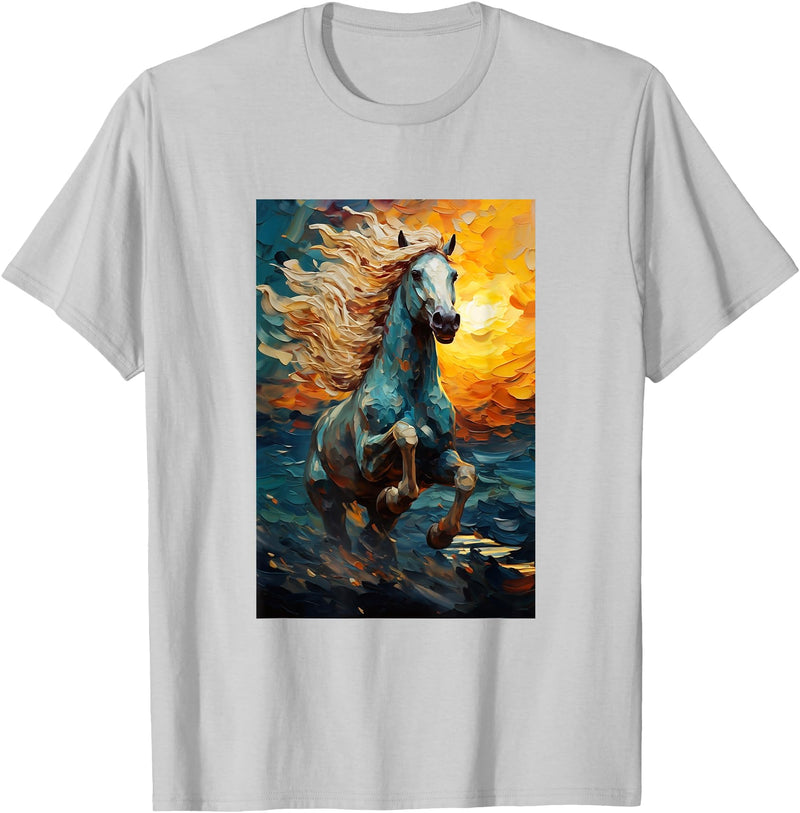 Horse Designs. Horse Equestrian Riding Van Gogh Style Starry Night Graphic T-Shirt - Silver Grey