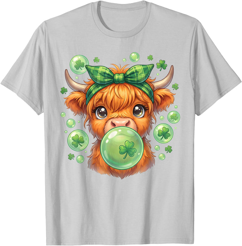 St. Patricks Day Highland Cow Blowing Bubblegum Celebrate St Patricks Day T-Shirt - Silver Grey