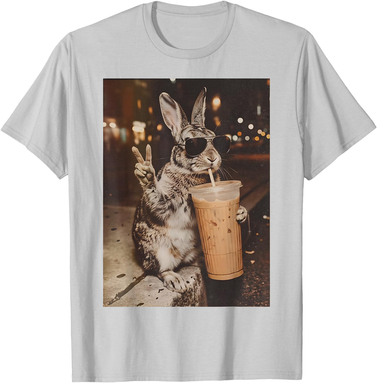 Rabbit Drinking Iced Coffee Funny Easter Bunny Men Women T-Shirt in Silver Grey
