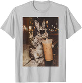 Rabbit Drinking Iced Coffee Funny Easter Bunny Men Women T-Shirt in Silver Grey