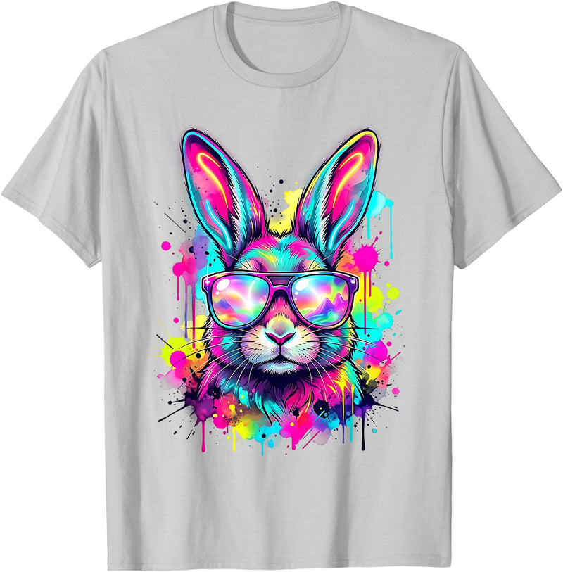 Happy Easter Bunny Face Tie Dye Bunny Rabbit with Glasses T-Shirt in Silver Grey